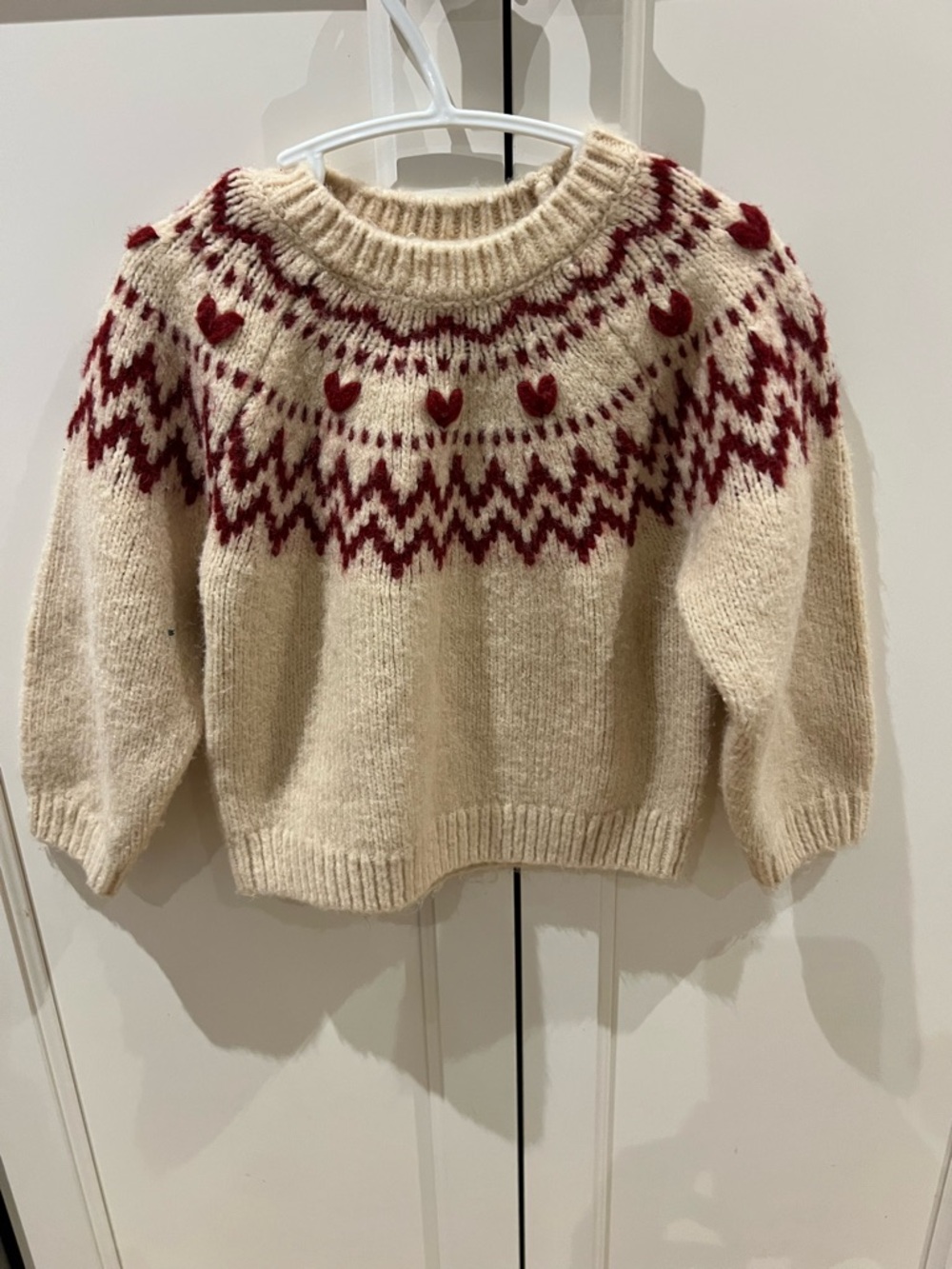 Zara 2t Cream Sweater with Red Fair Isle Hearts
